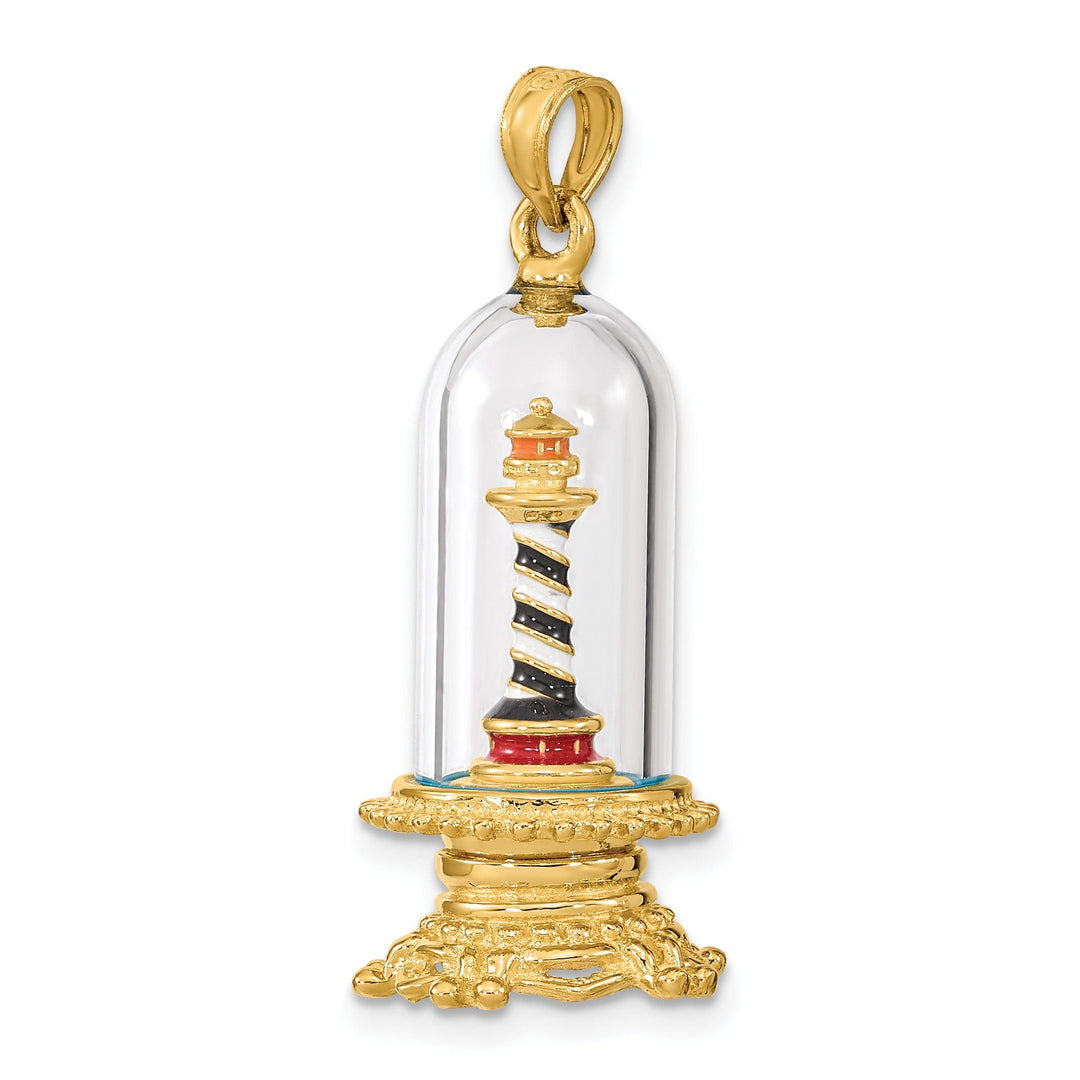 14K Yellow Gold Polished Enamel Finish 3-D Lighthouse In Glass Dome Charm
