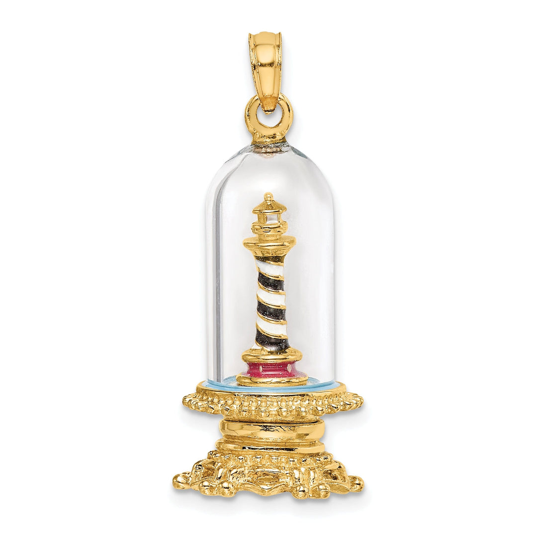 14K Yellow Gold Polished Enamel Finish 3-D Lighthouse In Glass Dome Charm