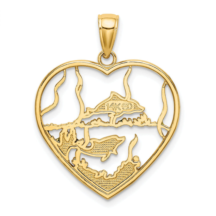 14k Yellow Gold Casted Solid Multi-colored Enamel Polished Finish Dolphins In Heart Charm Pendant