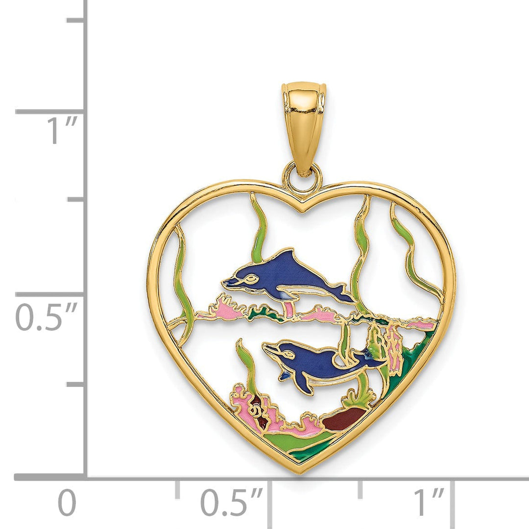 14k Yellow Gold Casted Solid Multi-colored Enamel Polished Finish Dolphins In Heart Charm Pendant