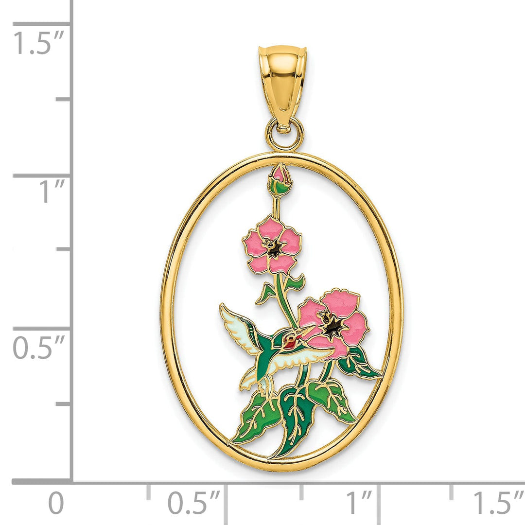 14K Yellow Gold Multi Color Enamel Textured Polished Finish Hummingbird and Flowers Oval Frame Design Charm Pendant