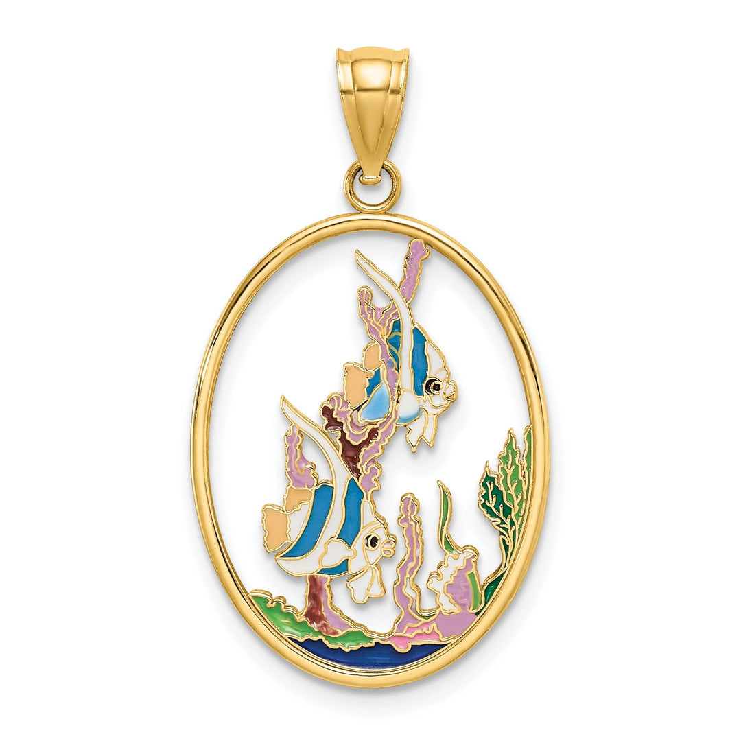 14K Yellow Gold Polished Mutli-Color Enamel Finish Oval Shape Angelfish In Underwater Scene Charm Pendant