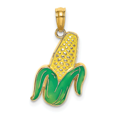 14K Yellow Gold Open Back Polished Yellow, Green Enamel Finish Corn with Peeled Husk Design Charm Pendant