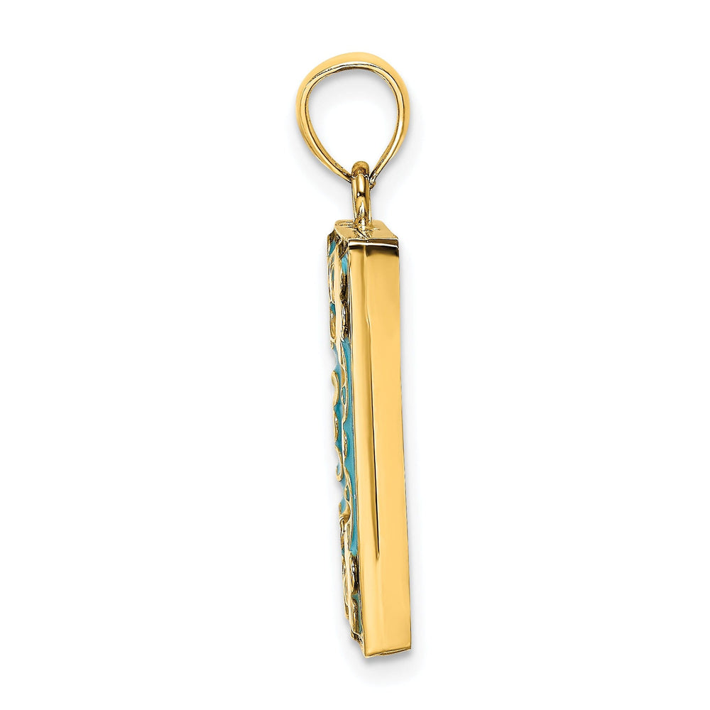 14k Yellow Gold with Multi-colored Enamel Hallow Open Back Polished Finish Aqua Picture Frame with flowers Charm Pendant