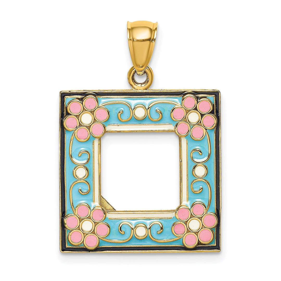 14k Yellow Gold with Multi-colored Enamel Hallow Open Back Polished Finish Aqua Picture Frame with flowers Charm Pendant