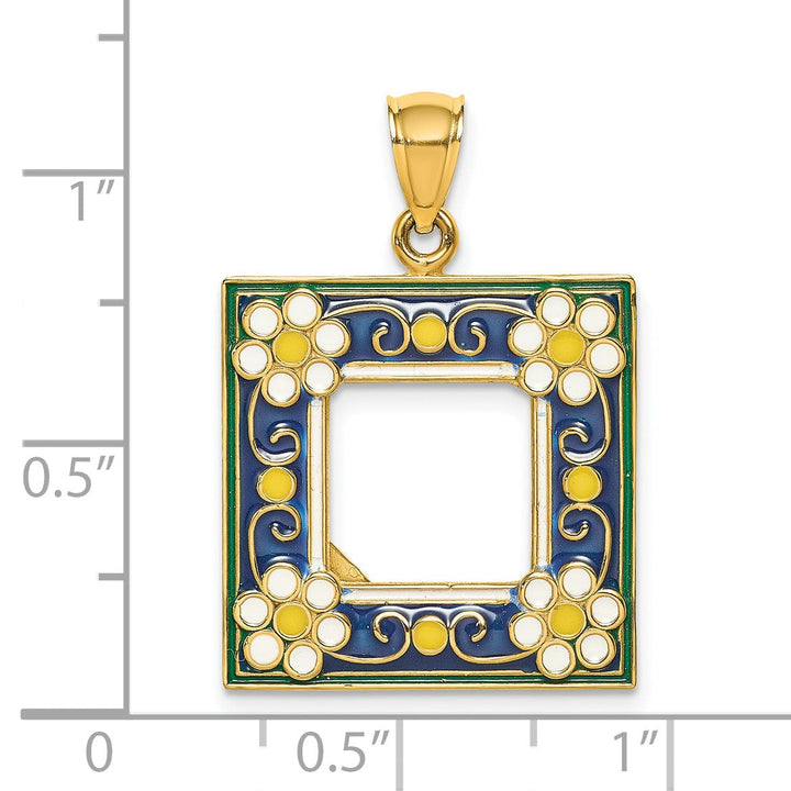 14k Yellow Gold with Enamel Hallow Open Back Polished Finish Navy Picture Frame with Flowers Charm Pendant