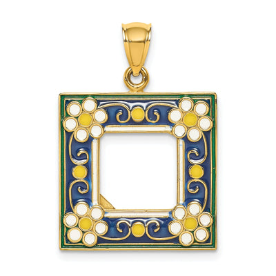 14k Yellow Gold with Enamel Hallow Open Back Polished Finish Navy Picture Frame with Flowers Charm Pendant