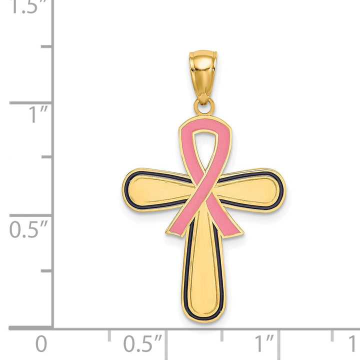 14K Yellow Gold Textured Polished Finish Pink Enamel Finish Ribbon Breast Cancer Cross Pendant