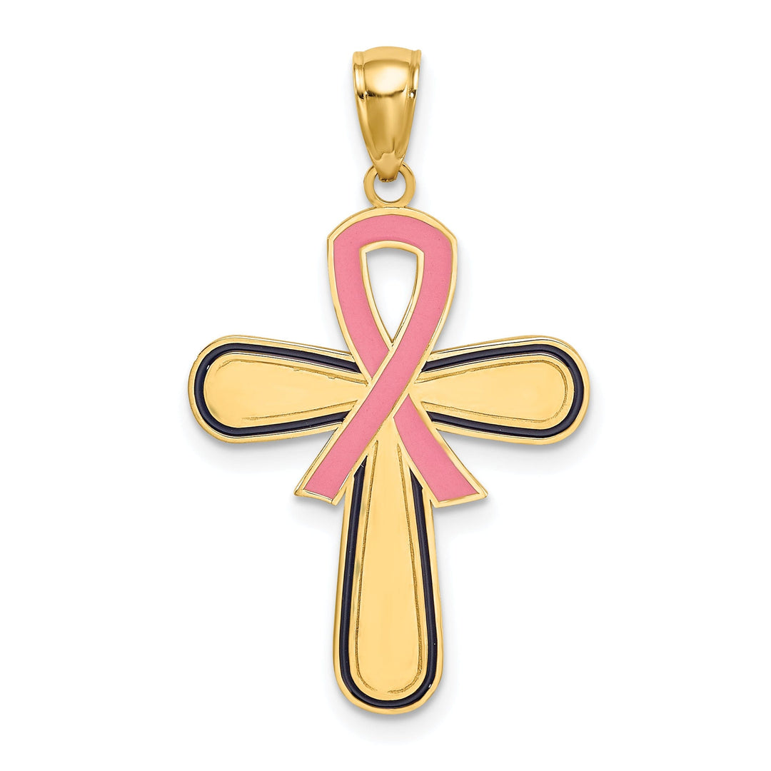 14K Yellow Gold Textured Polished Finish Pink Enamel Finish Ribbon Breast Cancer Cross Pendant