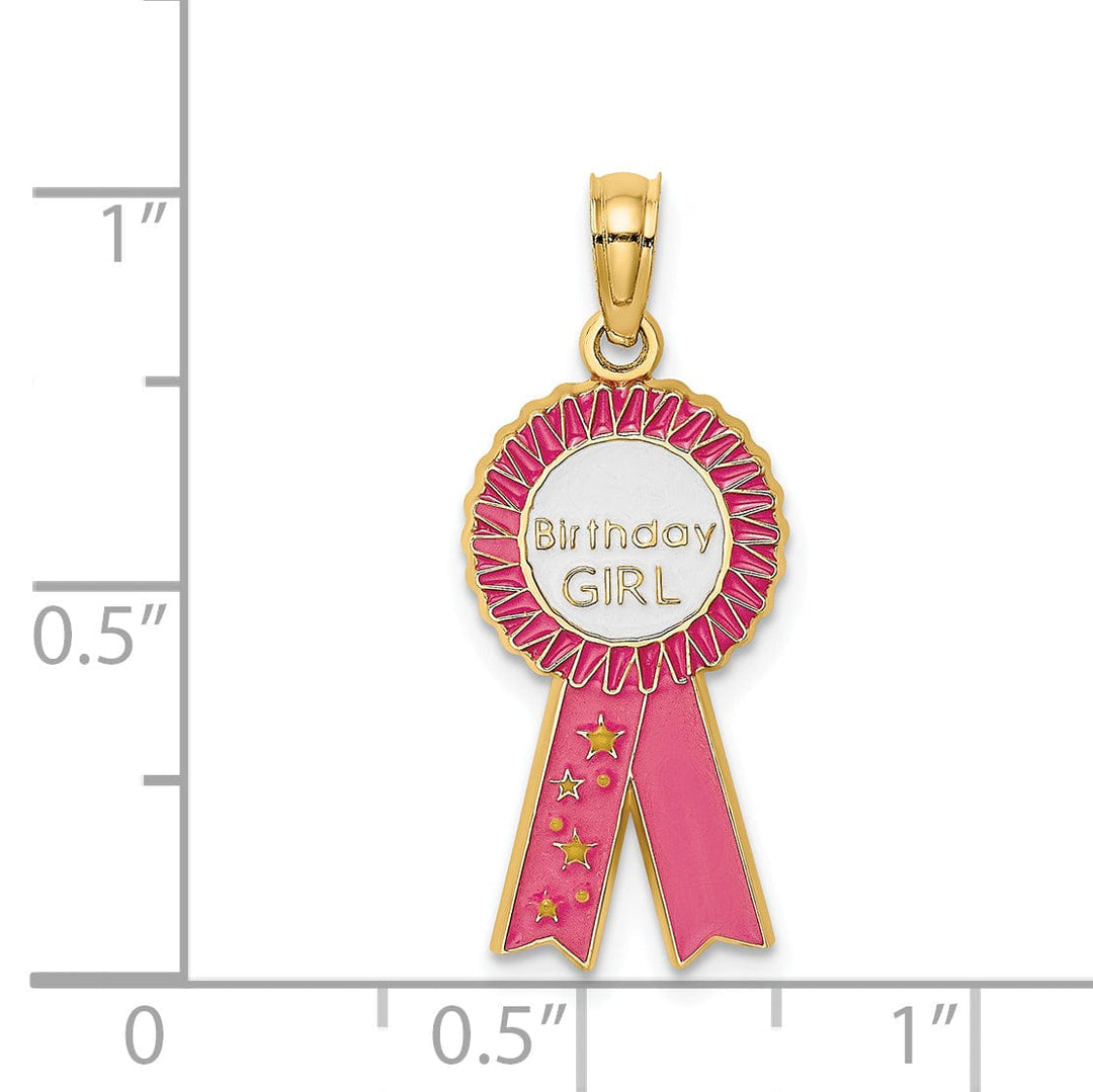 14K Yellow Gold Polished Textured Pink Enamel Finish BIRTHDAY GIRL Pink Ribbon Charm Pendant Design