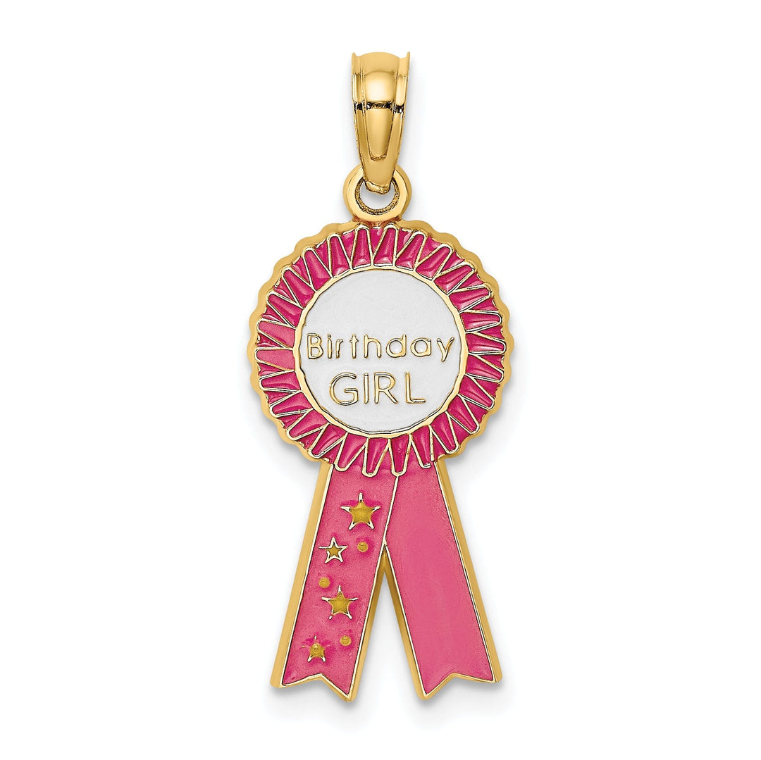 14K Yellow Gold Polished Textured Pink Enamel Finish BIRTHDAY GIRL Pink Ribbon Charm Pendant Design