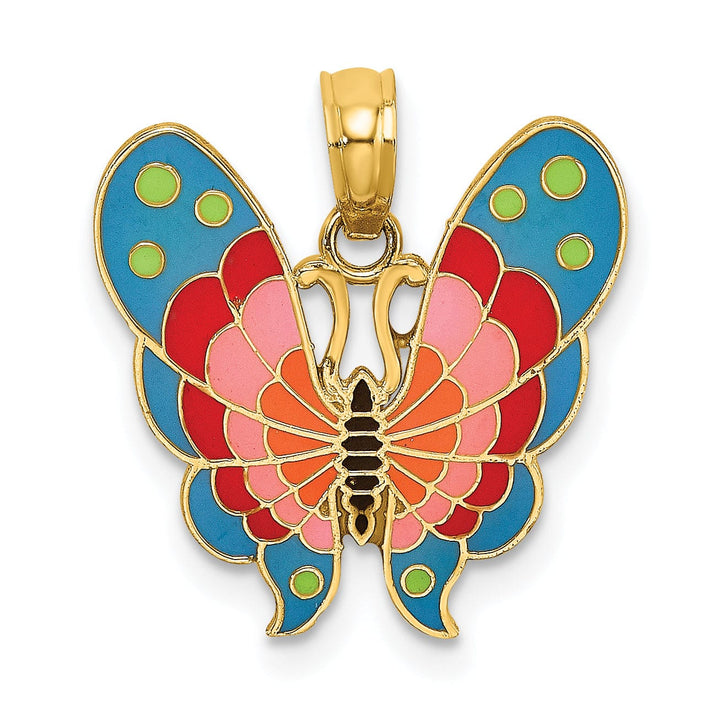 14K Yelow Gold with Multi-Color Enamel Solid Textured Back Polished Finish Butterfly Charm Pendant