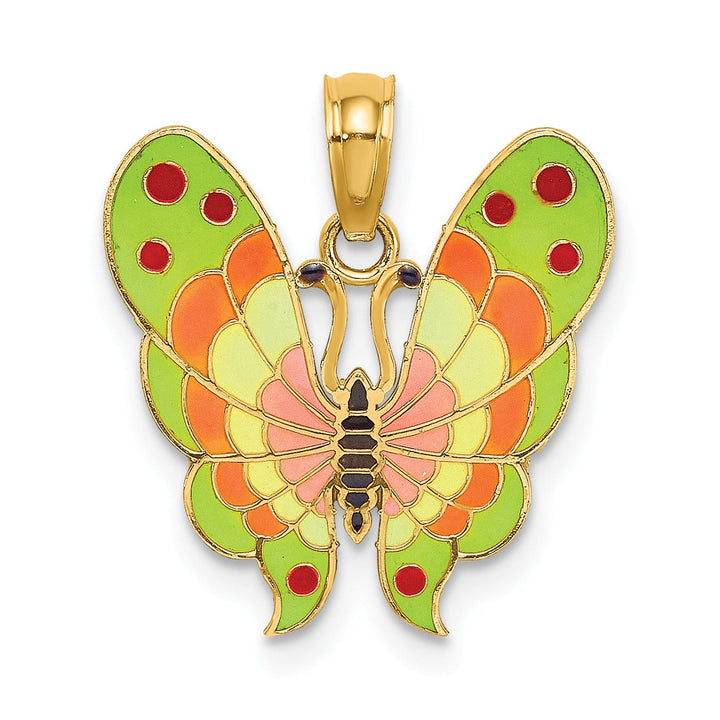 14K Yellow Gold Solid Textured Back Polished Finish with Multi-Color Enamel Butterfly Charm Pendant