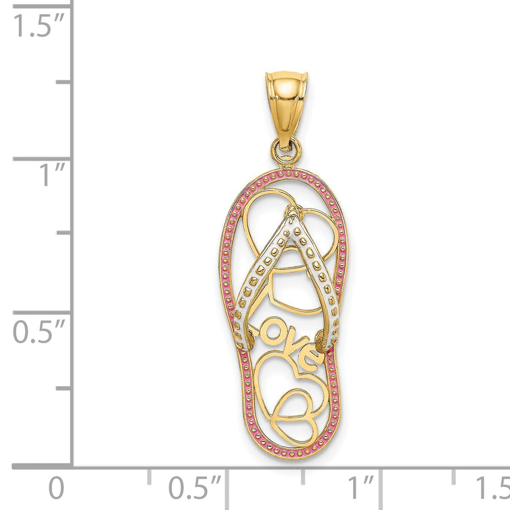 14K Yellow Gold Polished With White and Pink Enameled Finish Multi Heart Love Design Flip-Flop Single Sandle Charm Pendant