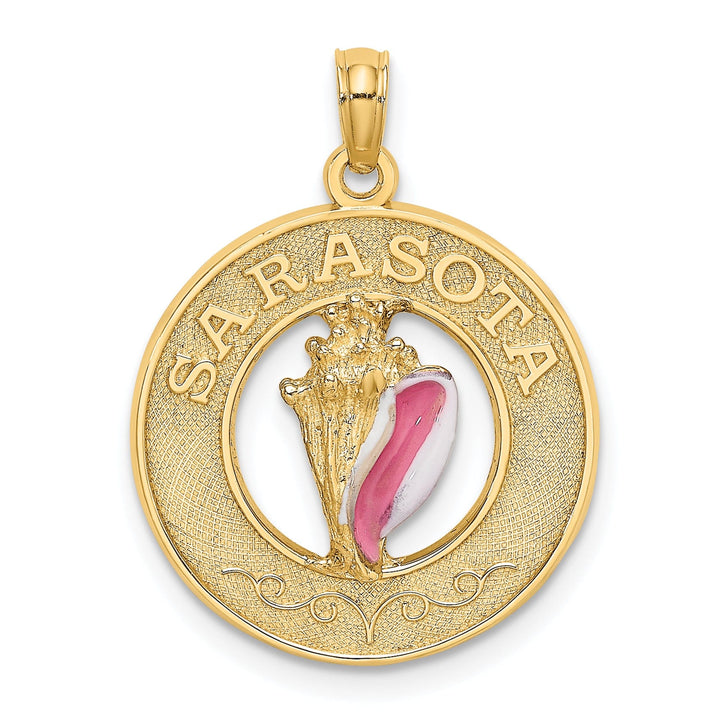 14K Yellow Gold Polished Textured Pink, White Enamel Finish Conch Shell SARASOTA in Circle Design Charm Pendant