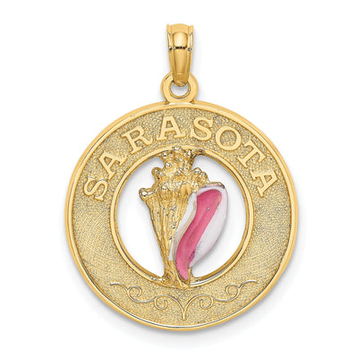 14K Yellow Gold Polished Textured Pink, White Enamel Finish Conch Shell SARASOTA in Circle Design Charm Pendant at $ 228.58 only from Jewelryshopping.com