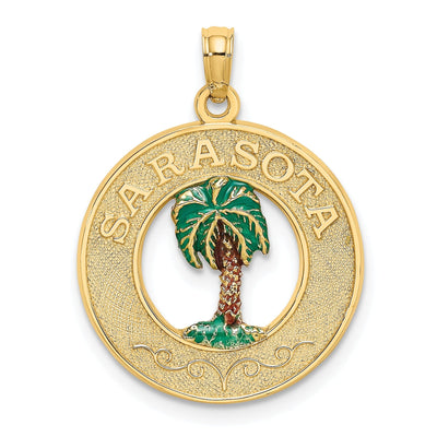 14K Yellow Gold Polished Textured Green, Brown-Color Enameled Finish SARASOTA with Palm Tree in Circle Design Charm Pendant at $ 188.43 only from Jewelryshopping.com