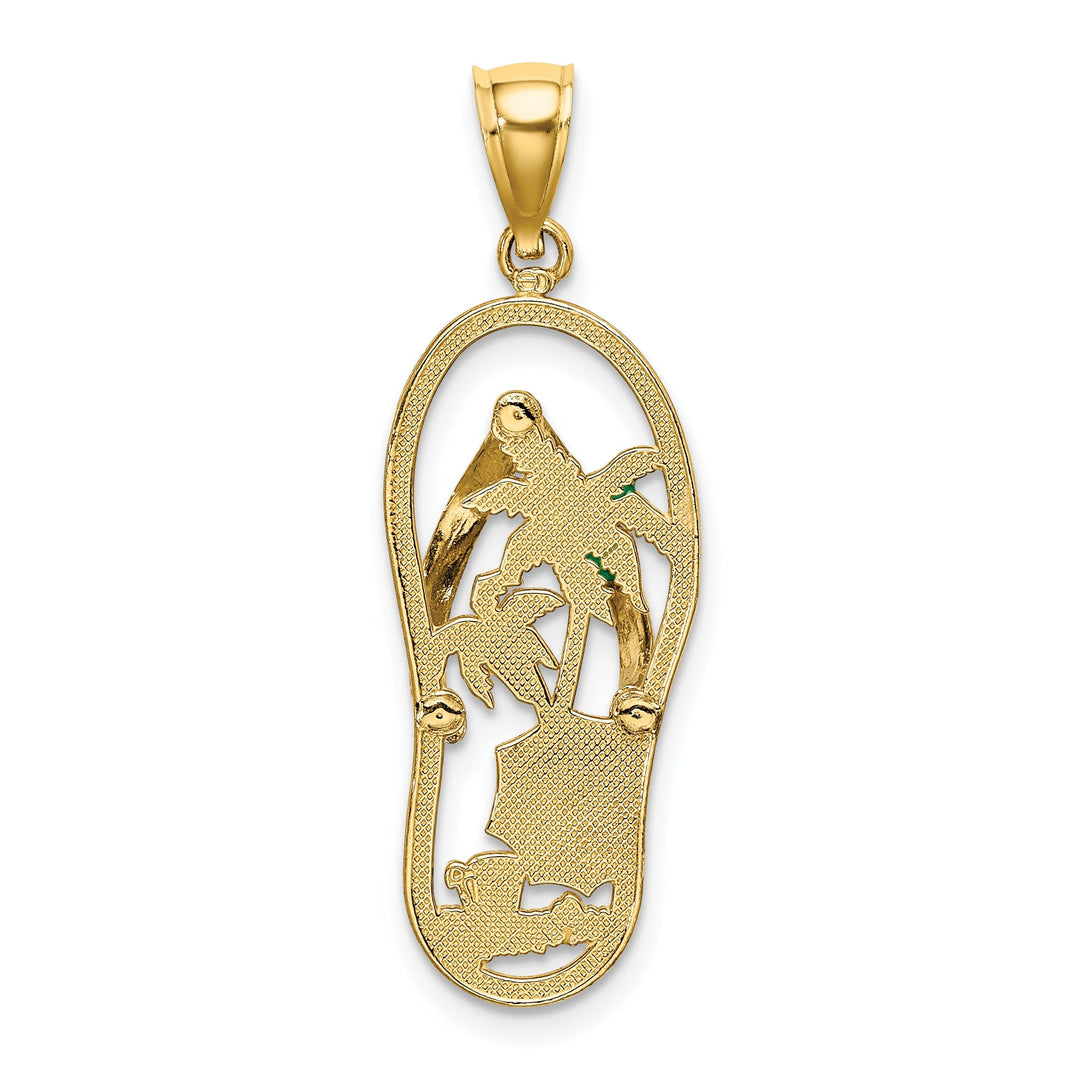 14K Yellow Gold Polished Multi Color Enamel Finish Double Palm Trees Beach Scene Design Flip-Flop Sandle Charm Pendant