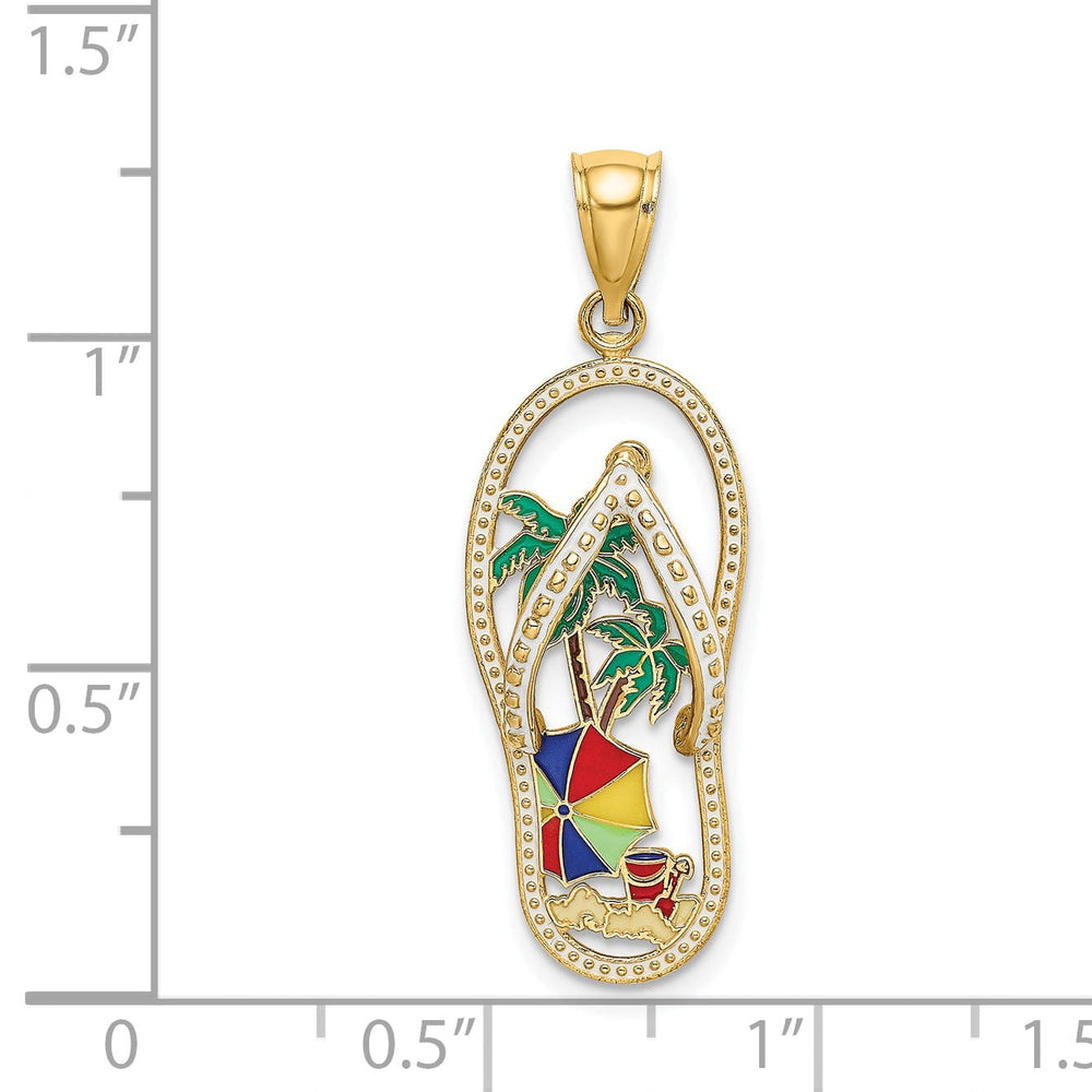 14K Yellow Gold Polished Multi Color Enamel Finish Double Palm Trees Beach Scene Design Flip-Flop Sandle Charm Pendant