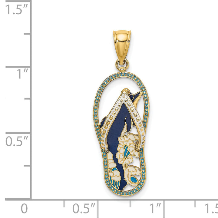 14K Yellow Gold Polished Multi-Color Enamel Finish Dolphin in Flip-Flop Sandle Design Charm Pendant