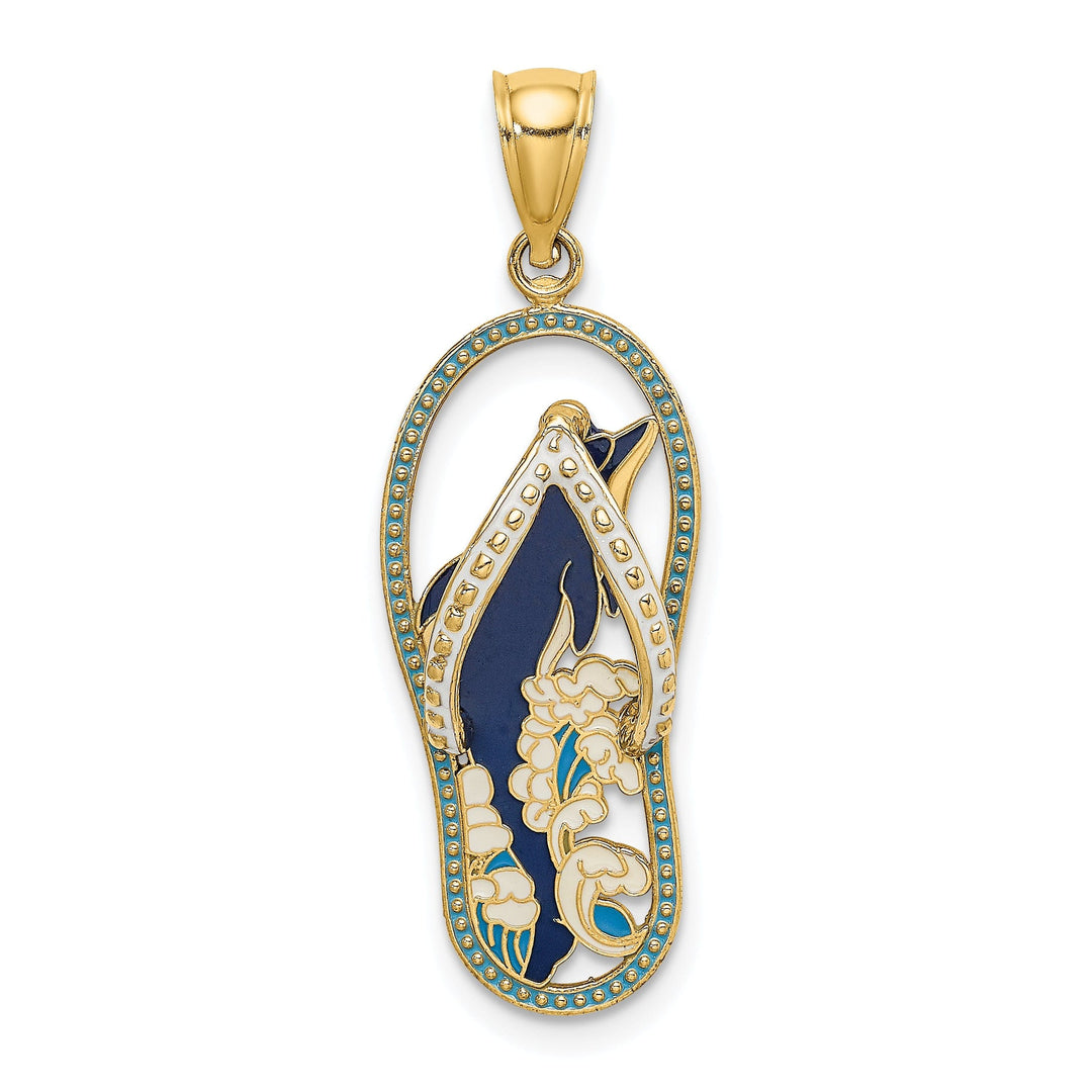 14K Yellow Gold Polished Multi-Color Enamel Finish Dolphin in Flip-Flop Sandle Design Charm Pendant