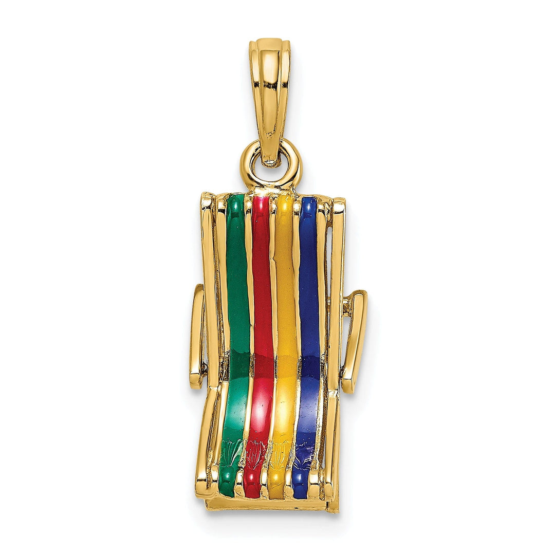 14K Yellow Gold Polished Finish Multi-Color Enameled 3-Dimensional Moveable Beach Lounge Chair Charm Pendant