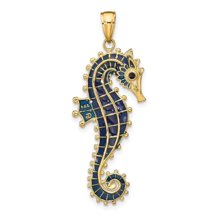 14k Yellow Gold Solid 3-Dimensional Textured Polished Blue Enameled Finish Men's Seahorse Charm Pendant