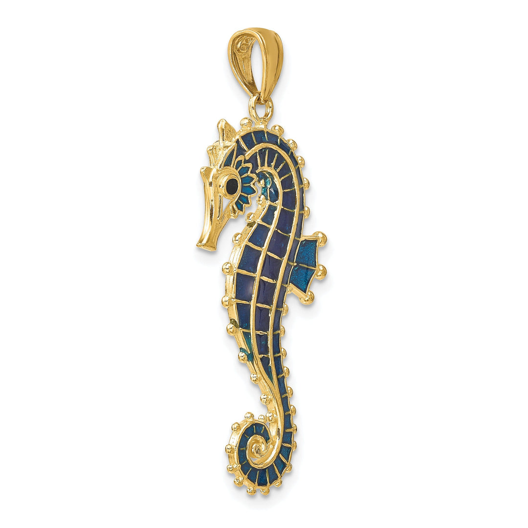 14k Yellow Gold Solid 3-Dimensional Textured Polished Blue Enameled Finish Men's Seahorse Charm Pendant