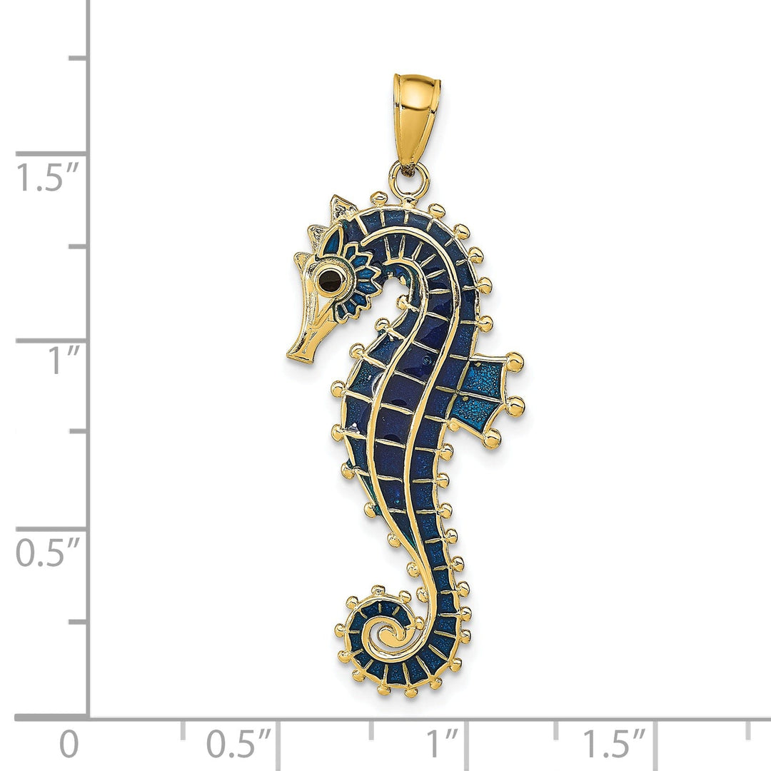 14k Yellow Gold Solid 3-Dimensional Textured Polished Blue Enameled Finish Men's Seahorse Charm Pendant