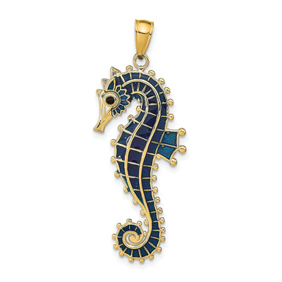 14k Yellow Gold Solid 3-Dimensional Textured Polished Blue Enameled Finish Men's Seahorse Charm Pendant