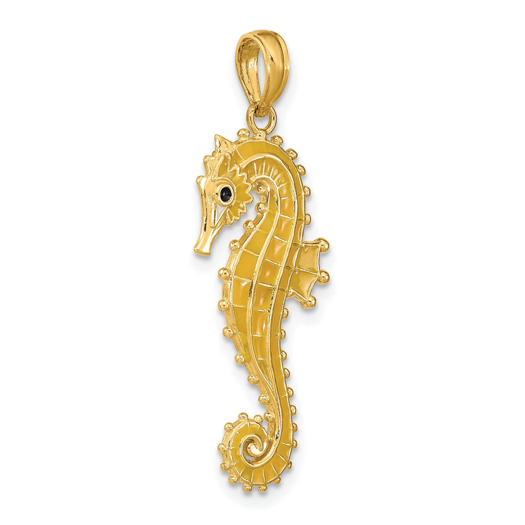 14k Yellow Gold 3-Dimensional Textured Polished Black Enameled Eye Finish Mens Seahorse Charm Pendant