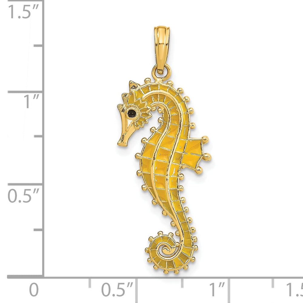 14k Yellow Gold 3-Dimensional Textured Polished Black Enameled Eye Finish Mens Seahorse Charm Pendant