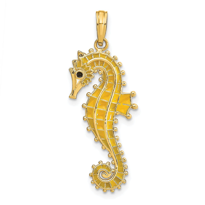 14k Yellow Gold 3-Dimensional Textured Polished Black Enameled Eye Finish Mens Seahorse Charm Pendant