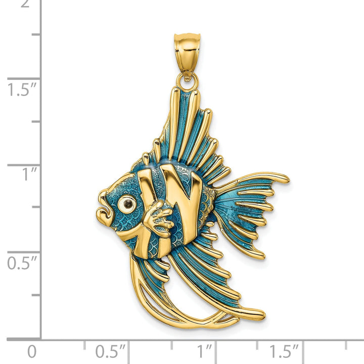 14K Yellow Gold Solid Textured Polished Blue Enamel Finish ANGELFISH Charm Pendant