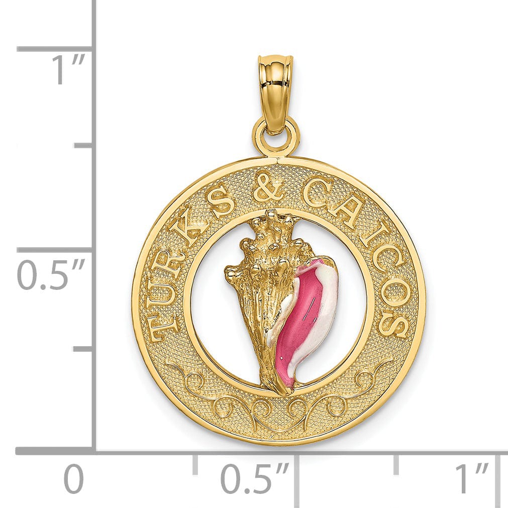 14K Yellow Gold Polished Pink, White Enameled Finish TURKS & CAICOS Circle Design with Conch Shell Charm Pendant