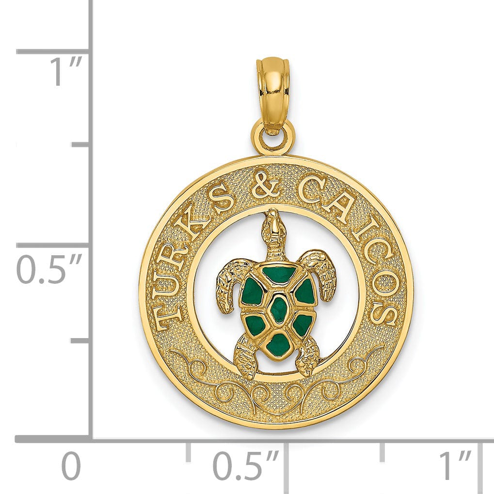14K Yellow Gold Polished Green Enameled Finish TURKS & CAICOS Circle Design with Turtle Charm Pendant