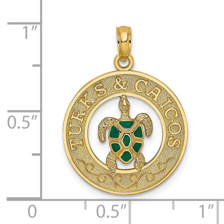 14K Yellow Gold Polished Green Enameled Finish TURKS & CAICOS Circle Design with Turtle Charm Pendant