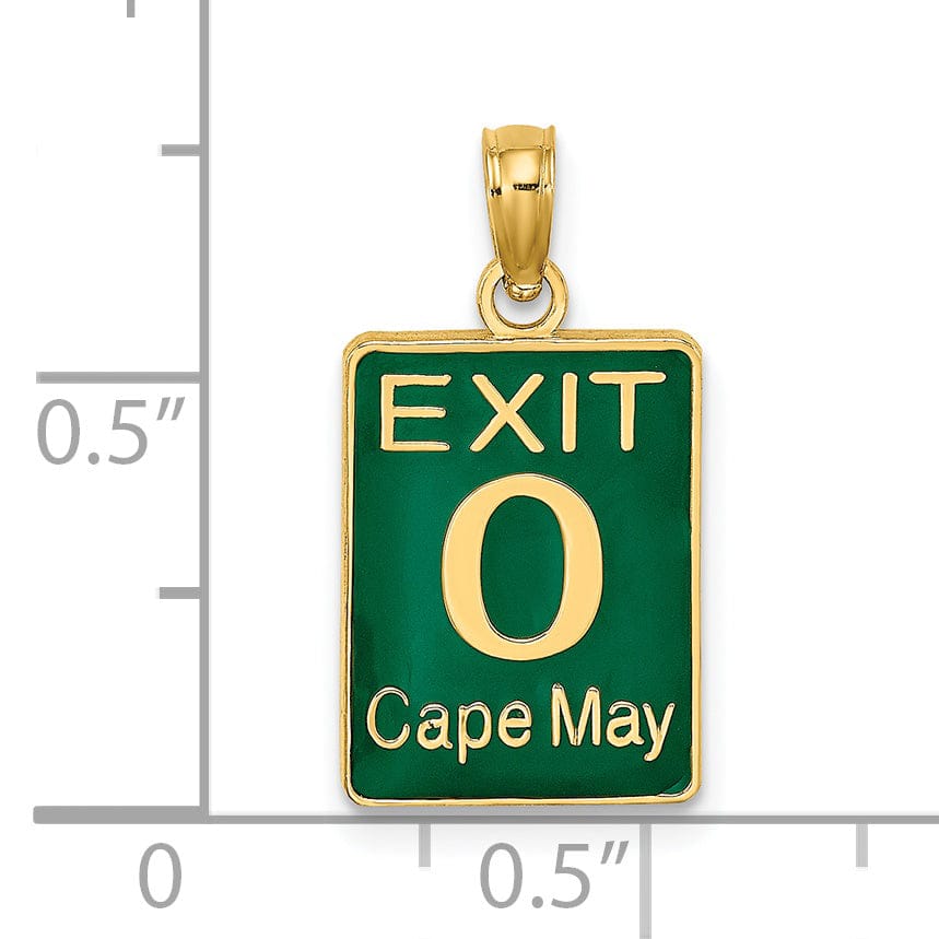 14K Yellow Gold Polished Green Enameled Finish 0 CAPE MAY EXIT Sign Charm Pendant