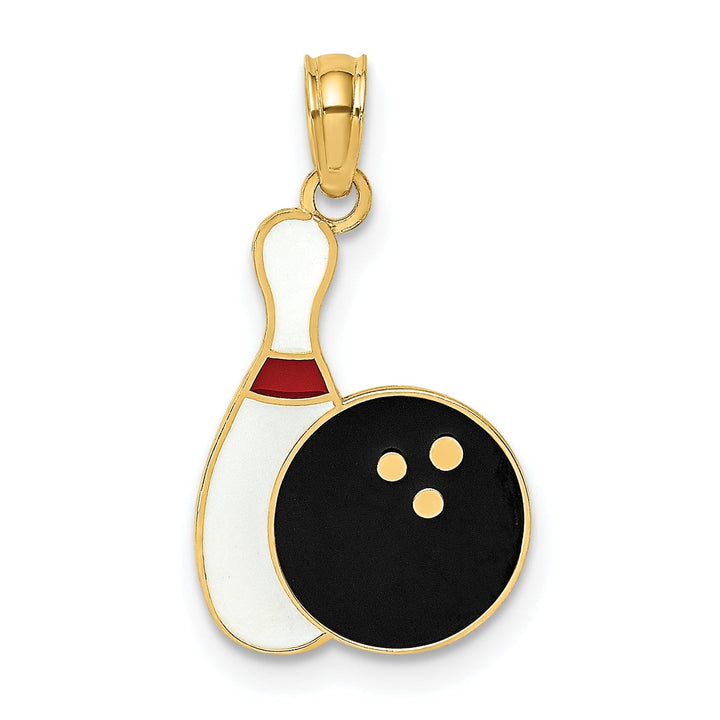 14K Yellow Gold Bowling Ball and Pin Charm Pendant with Enamel Finish