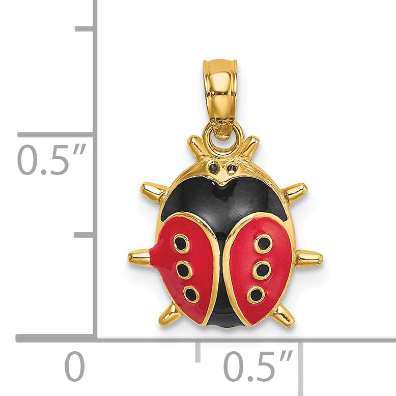 14k Yellow Gold Polished Red-Black Enameled Finish Concave Shape 3-Dimensional Ladybug Charm Pendant