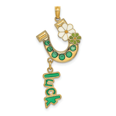 14K Yellow Gold Textured Polished Green Enameled Horseshoe LUCK With Flowers Design Charm Pendant at $ 186.37 only from Jewelryshopping.com