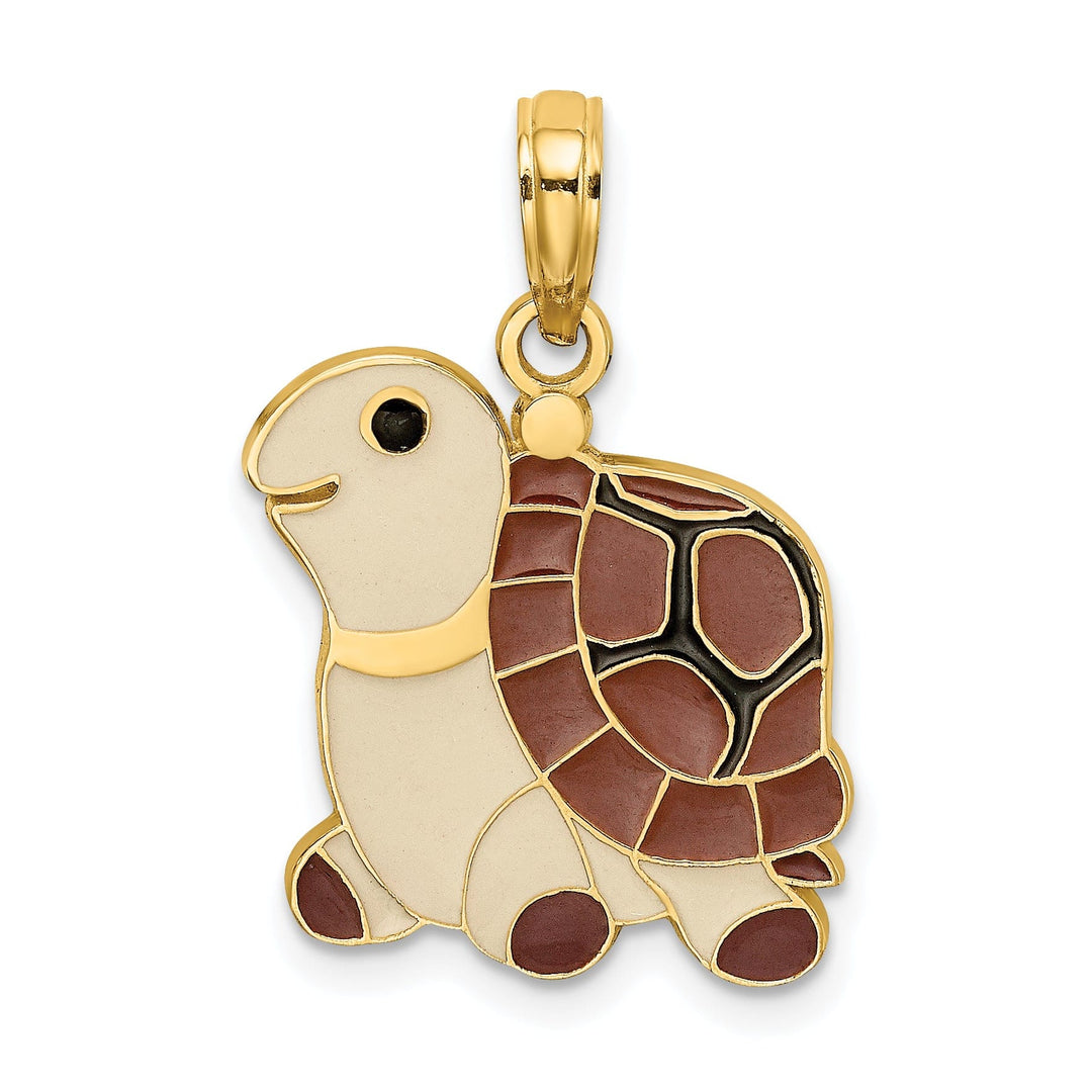 14k Yellow Gold Casted Solid Polished Finish Brown, Tan and Black Enamel Turtle Charm Pendant