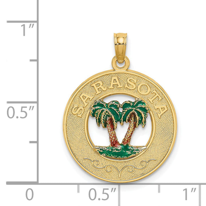 14K Yellow Gold Polished Textured Green, Brown-Color Enameled Finish SARSOTA with Double Palm Trees in Circle Design Charm Pendant