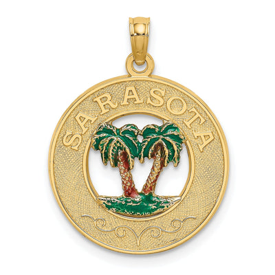 14K Yellow Gold Polished Textured Green, Brown-Color Enameled Finish SARSOTA with Double Palm Trees in Circle Design Charm Pendant at $ 210.05 only from Jewelryshopping.com