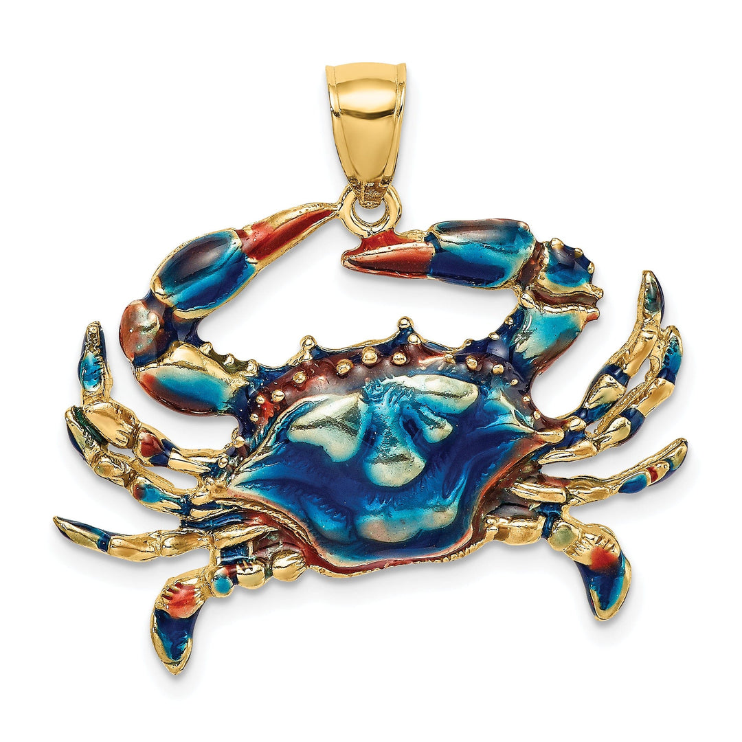 14K Yellow Gold Polished Enamel Finish Blue Claw Crab Charm Pendant