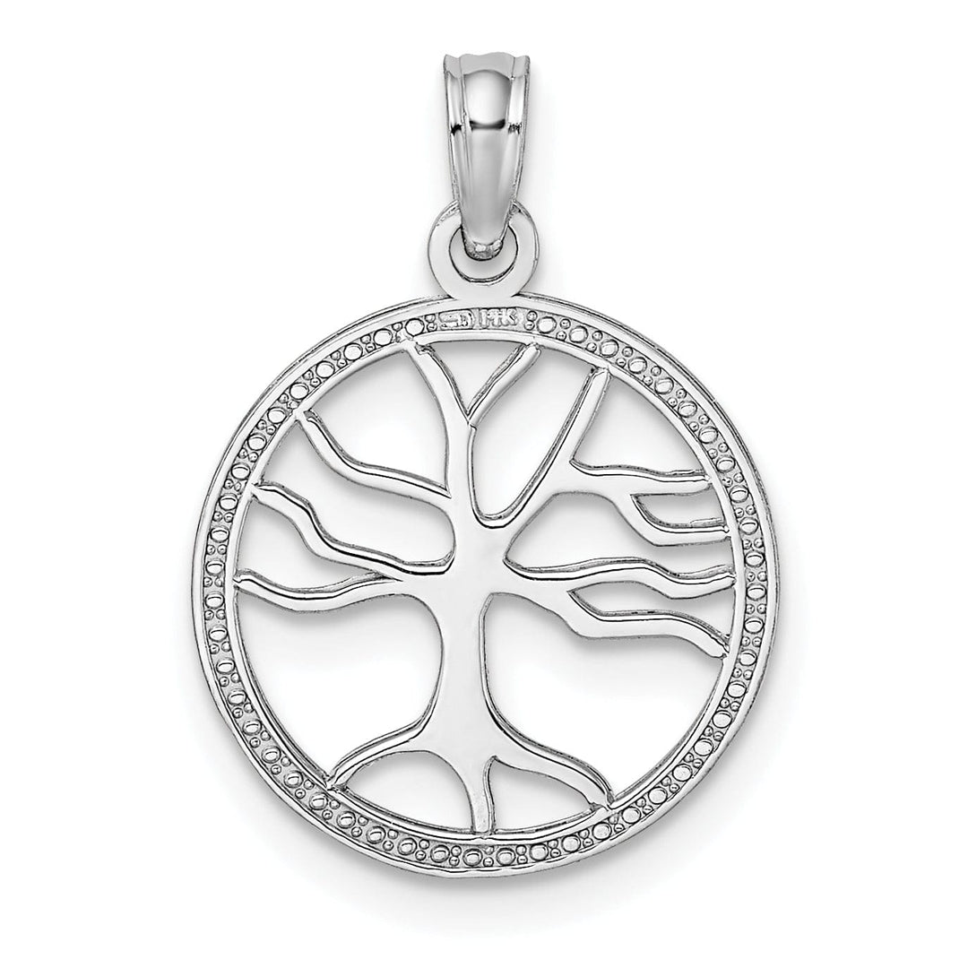 14K White Gold Textured Polished Finish Tree of Life in Round Frame Charm Pendant