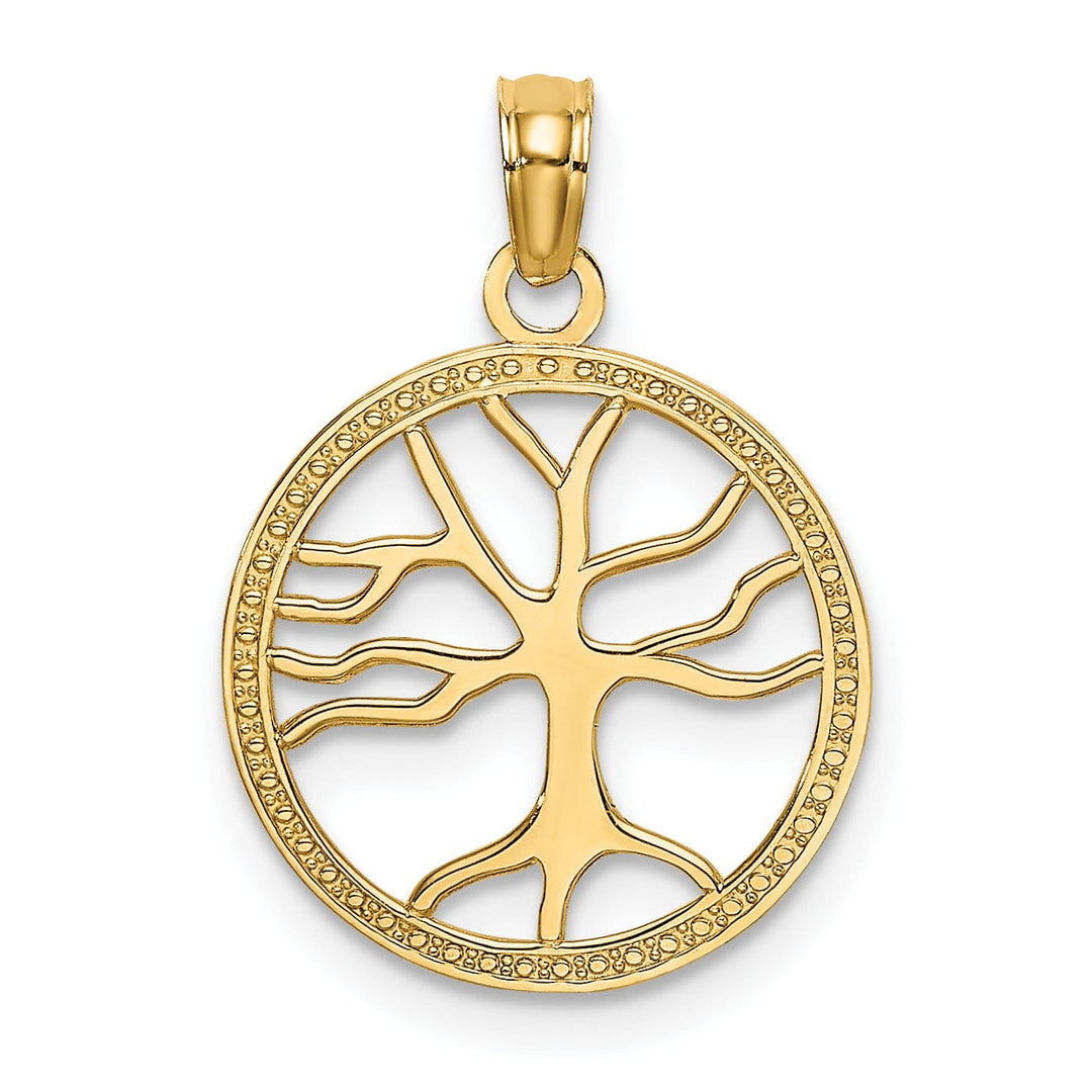 14K Yellow Gold Textured Solid Polished Finish Tree of Life in Round Frame Charm Pendant