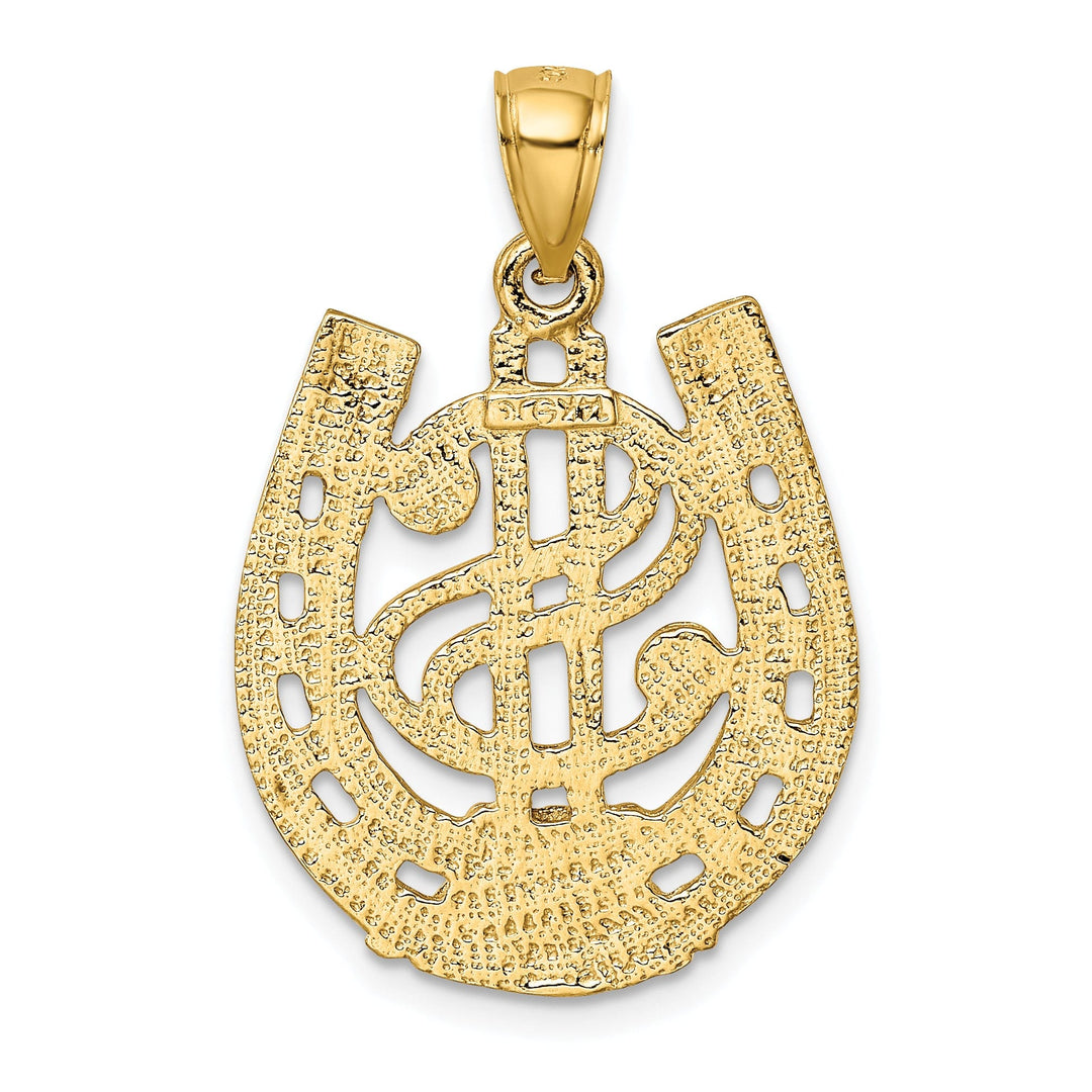 14k Yellow Gold Textured Polished Finish Dollar Sign in HorseShoe Design Charm Pendant