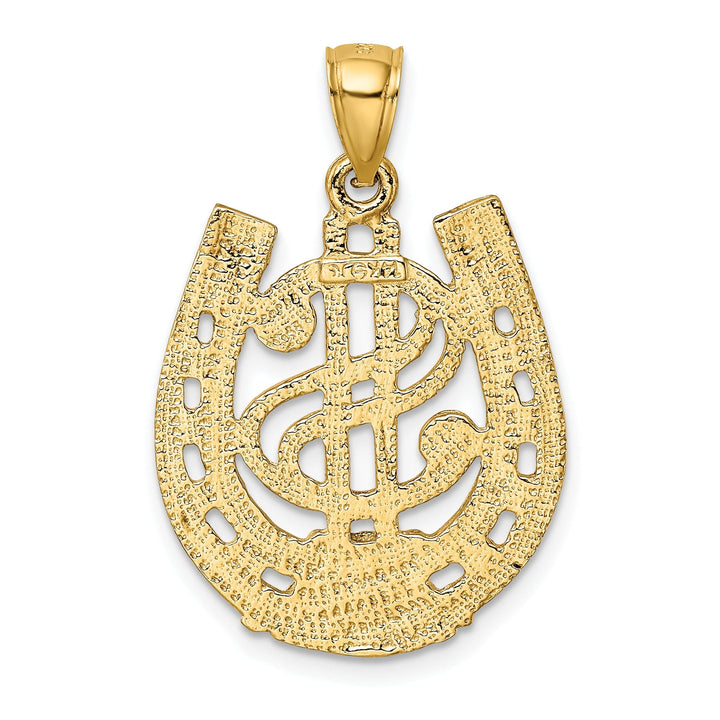 14k Yellow Gold Textured Polished Finish Dollar Sign in HorseShoe Design Charm Pendant
