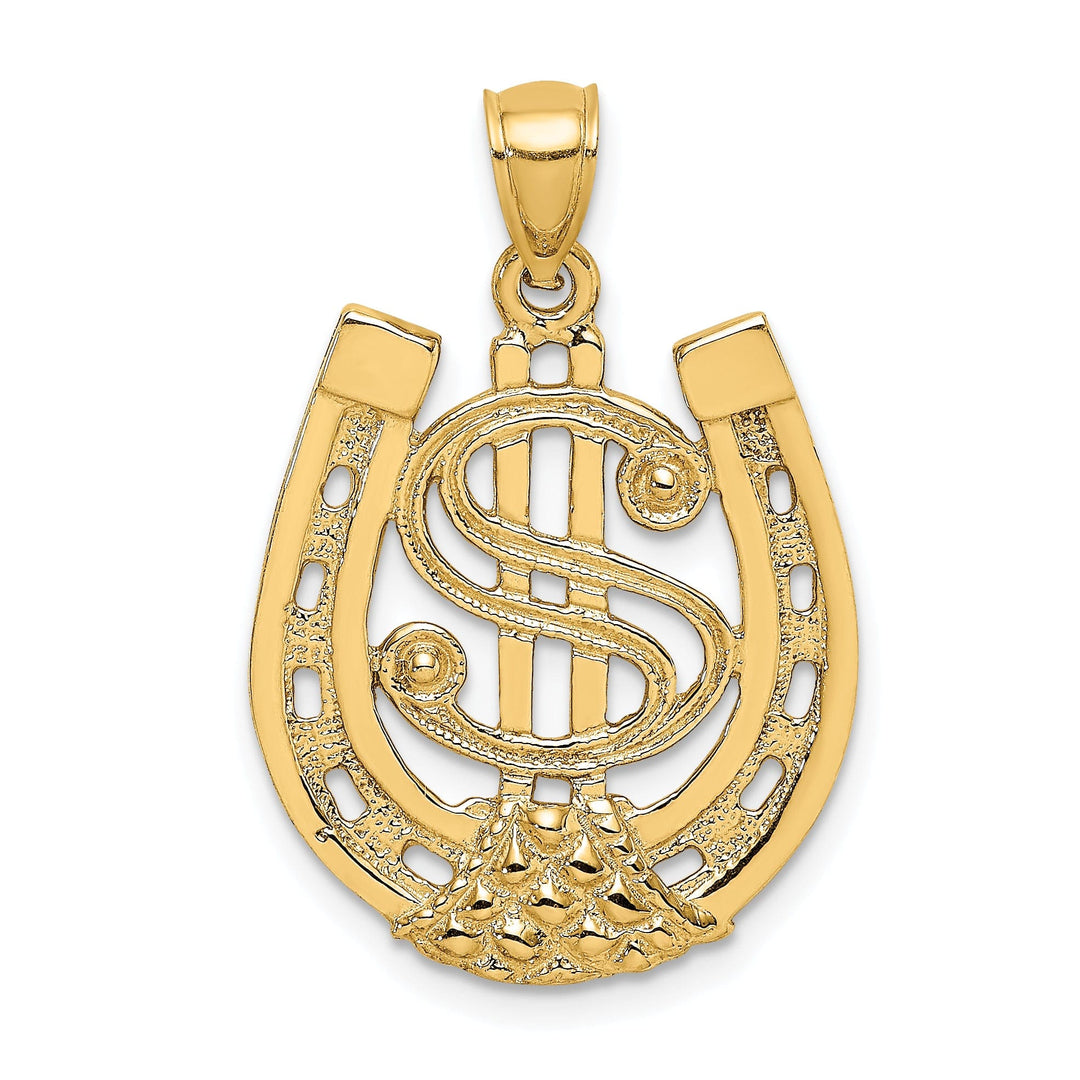 14k Yellow Gold Textured Polished Finish Dollar Sign in HorseShoe Design Charm Pendant